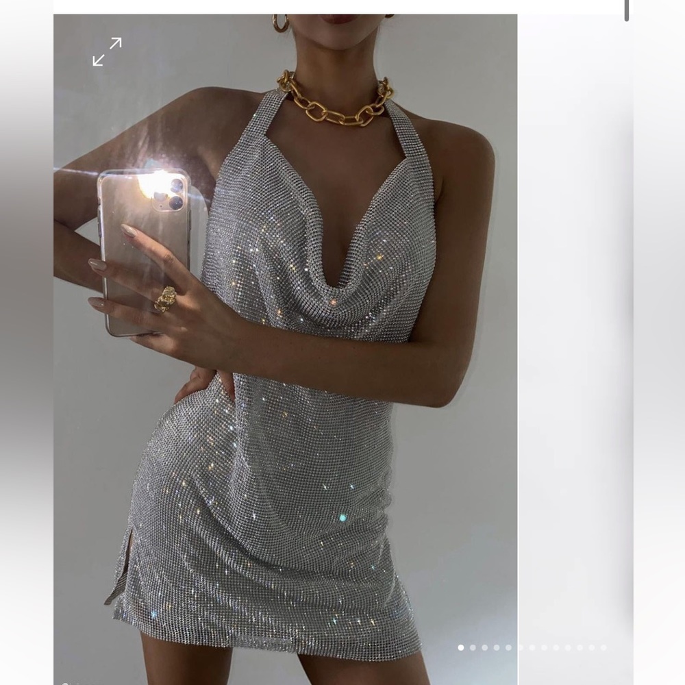 MEILANI Low Back Diamante Mesh Mini Dress - Silver Meshki